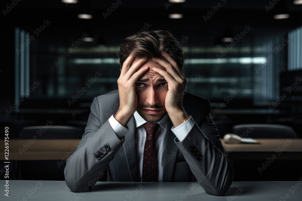 A stressed businessman sits alone at his office desk with hands on his head, reflecting on increasing pressures and challenges of his job in the dimly lit workspace during late evening hours A stressed businessman sits alone at his office desk with hands on his head, reflecting on increasing pressures and challenges of his job in the dimly lit workspace during late evening hours