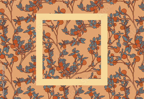 Orange tree graphic illustration. Seamless citrus fruit pattern. Mediterranean botanical floral texture wallpaper.