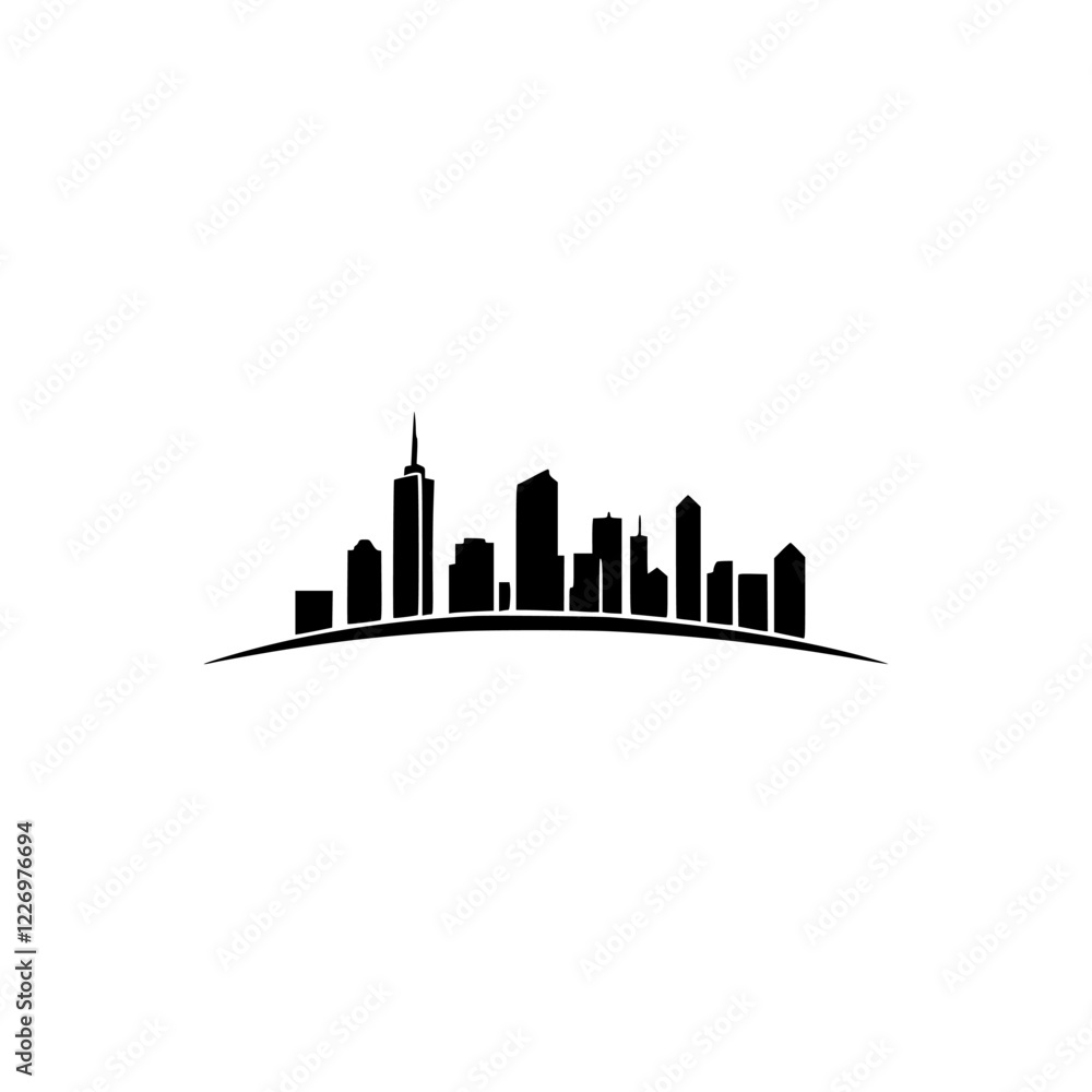 Naklejka premium Urban Skyline: A Modern Cityscape Vector Illustration. A minimalist black and white design depicting a city skyline, perfect for urban-themed projects.