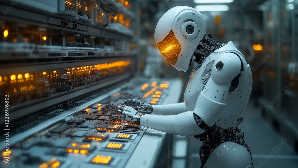 Humanoid robot assembling advanced microchips in futuristic lab, precision engineering Humanoid robot assembling advanced microchips in futuristic lab, precision engineering