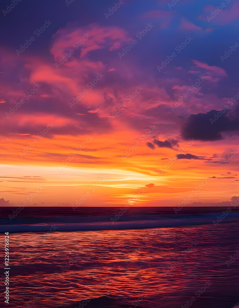 A fiery sunset paints the sky with vibrant hues as the sun dips below the horizon, casting its golden glow on the ocean waves A fiery sunset paints the sky with vibrant hues as the sun dips below the horizon, casting its golden glow on the ocean waves