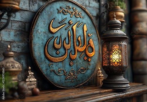 Decorative Arabic Calligraphy Plaque Next to an Illuminated Lantern on a Wooden Table

