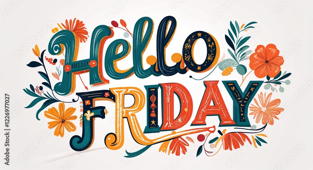 hello Friday typography lettering decorative design on plain white background