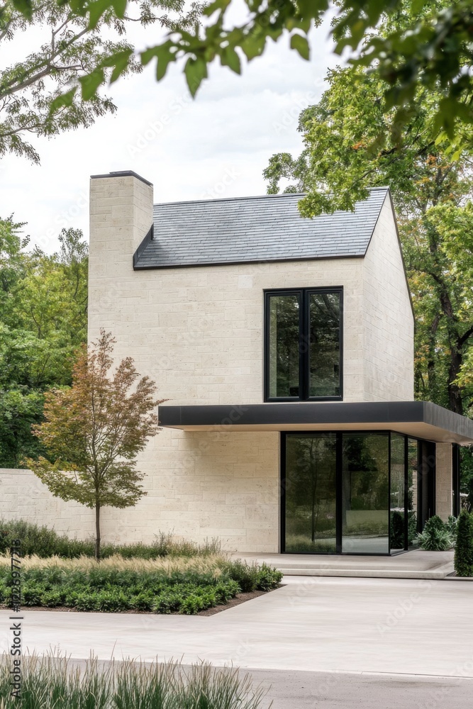 Obraz premium Modern architectural design featuring a minimalist house amidst lush greenery in a residential area during daylight hours