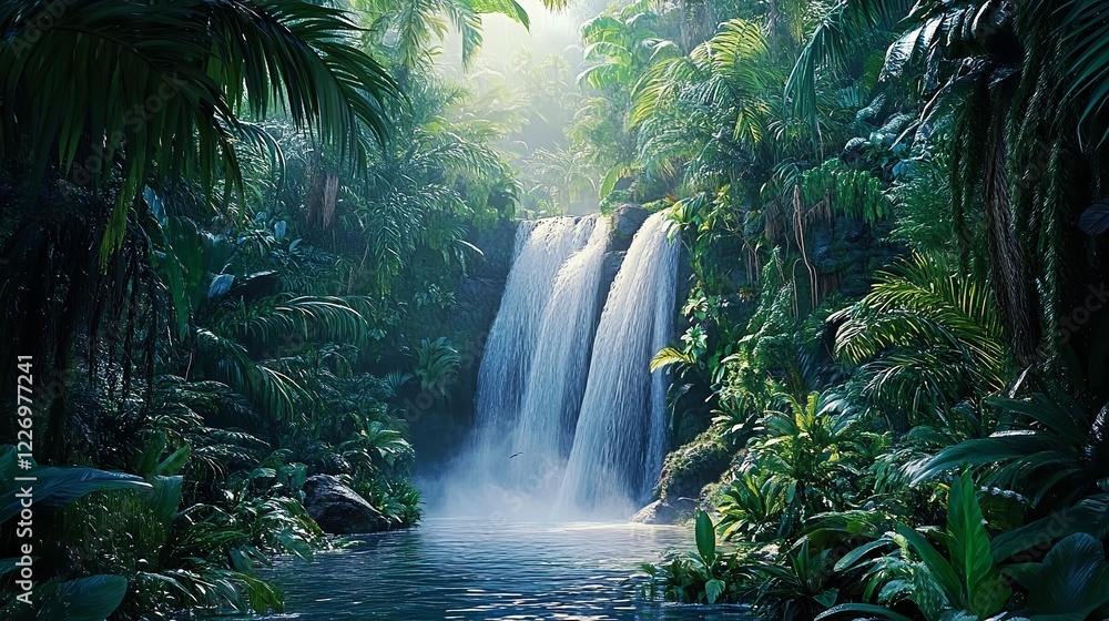 Dense Rainforest Scene with Towering Trees and Exotic Flora Dense Rainforest Scene with Towering Trees and Exotic Flora