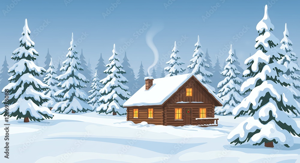 Naklejka premium Cozy Winter Cabin in Snowy Forest Landscape