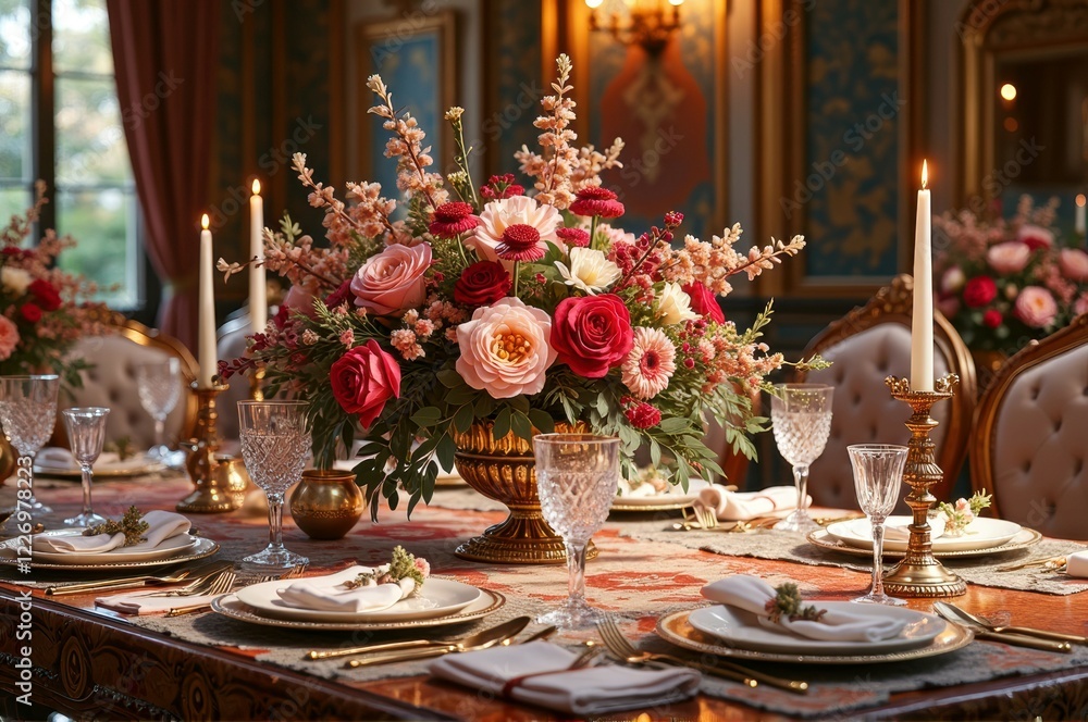 Elegant floral centerpiece on luxurious dining table in ornate room setting Elegant floral centerpiece on luxurious dining table in ornate room setting