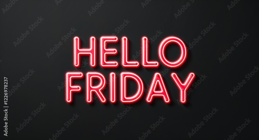 hello Friday word lettering with neon red glow on plain black dark background hello Friday word lettering with neon red glow on plain black dark background