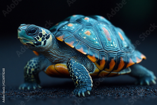 A vibrant blue and orange turtle crawls on dark sand