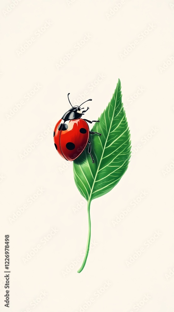 A simple ladybug illustration on a single green leaf with a white backdrop. picture A simple ladybug illustration on a single green leaf with a white backdrop. picture