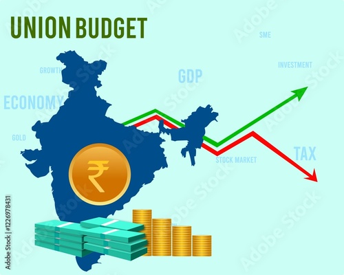 Union budget vector design. Indian rupees, gold , graph for stock market. photo