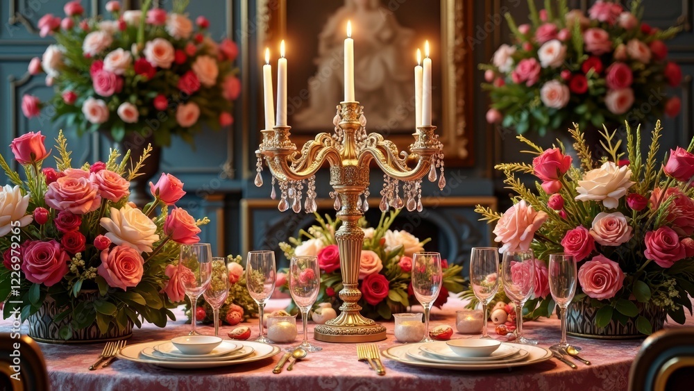 Elegant candlelit dinner setting with roses in luxurious dining room