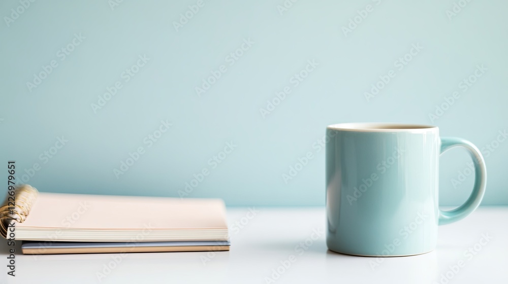 A single coffee mug beside a pastel-colored notebook on a clean desk. picture A single coffee mug beside a pastel-colored notebook on a clean desk. picture