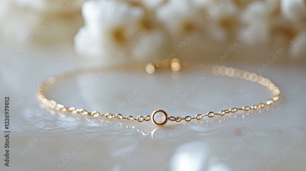 A single dainty bracelet with a tiny charm, displayed on a glossy white background. picture A single dainty bracelet with a tiny charm, displayed on a glossy white background. picture