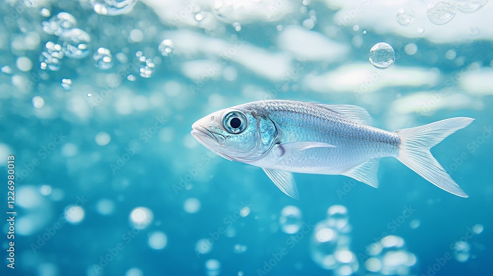 A single fish swimming through clean water bubbles in a minimal design. picture A single fish swimming through clean water bubbles in a minimal design. picture