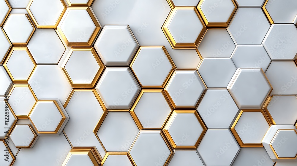3D white and gold color hexagon tiles pattern shape background 3D white and gold color hexagon tiles pattern shape background