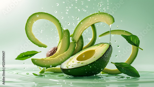 Fresh Avocado Slices with Splashing Water Drops on Mint Green Background: Healthy Diet Recipe