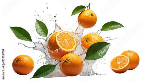 Fresh Oranges Splashing with Leaves