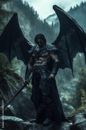 muscular winged warrior with dark bat-like wings, standing in a dramatic forested mountain setting, holding a long sword, wearing minimal fantasy-inspired armor with intricate details  photo