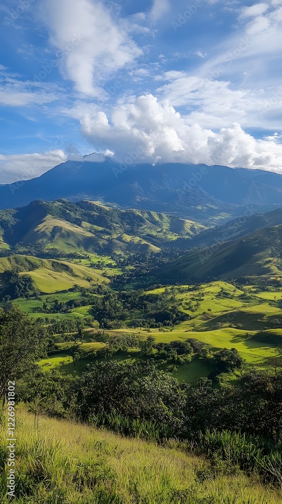 Fototapeta premium A distant mountain range with clouds floating above and soft, rolling valleys below
