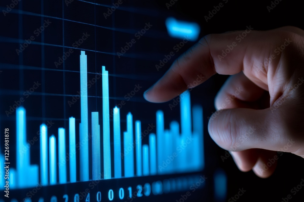 Businessman pointing at glowing blue graph displayed on digital screen, analyzing financial market data Businessman pointing at glowing blue graph displayed on digital screen, analyzing financial market data