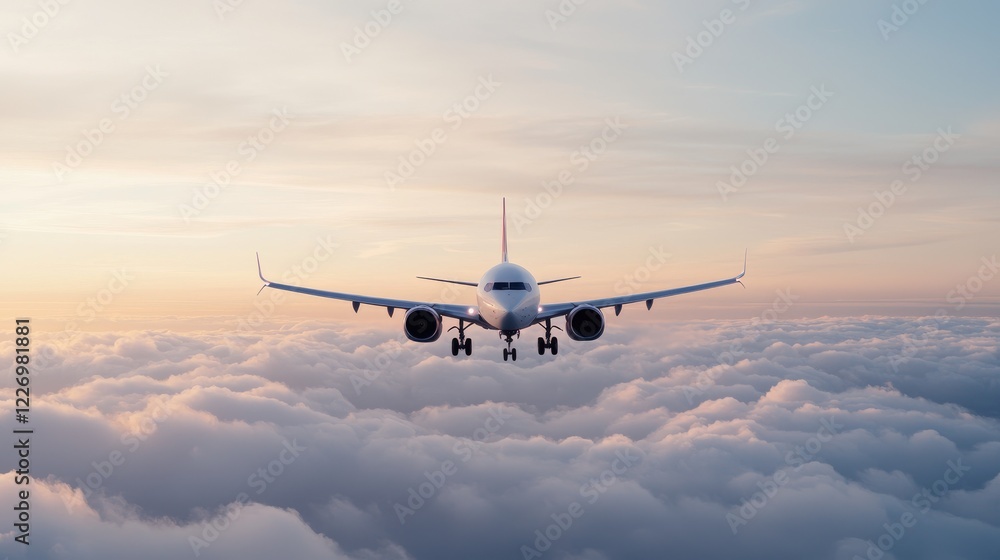 Obraz premium Airplane descending through clouds at sunset; travel, transportation