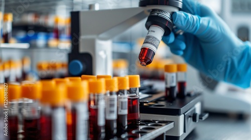 Medical lab technician analyzing blood sample under microscope, conducting research on blood disorders, with test tubes and equipment in lab setting.