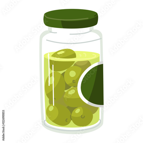 jar green of olives. Pickled green olives in a sealed glass jar. Cooking, appetizer. Olives in marinade liquid. Isolated illustration in a flat style. A sticker for the menu, a list of ingredients.