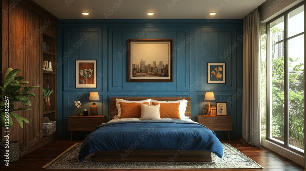 Modern bedroom design, blue walls, city view Modern bedroom design, blue walls, city view