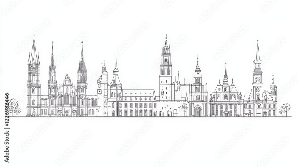 German historic buildings and landmarks. Vector Tomaskirche church, Rathaus of Augsburg, Birnau or Wallfahrtskirche basilica, old City Hall and new Town Hall in Hannover thin line icons German historic buildings and landmarks. Vector Tomaskirche church, Rathaus of Augsburg, Birnau or Wallfahrtskirche basilica, old City Hall and new Town Hall in Hannover thin line icons