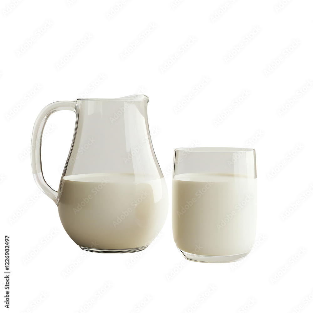 Glass Jug and Cup Filled with Fresh Milk on White Background Glass Jug and Cup Filled with Fresh Milk on White Background