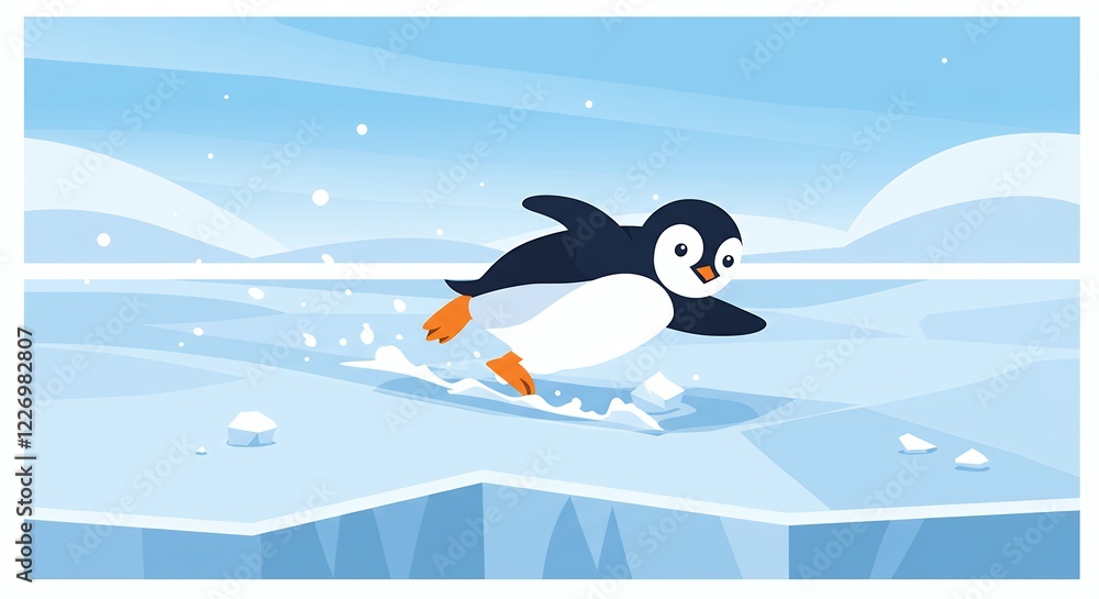 Obraz premium Happy Penguin Sliding on Ice Winter Cartoon Illustration