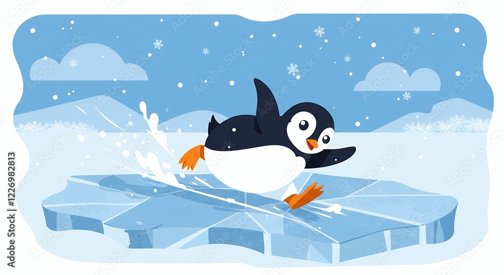 Naklejka premium Playful Penguin Sliding on Ice in Winter Wonderland