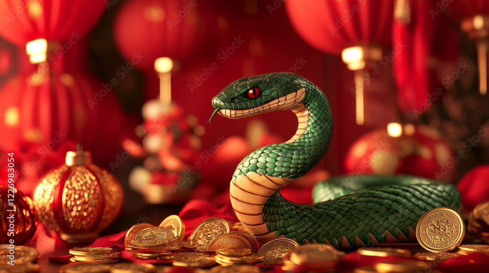 2025 happy Chinese lunar new year green snake with gifts, red lanterns, golden coins and Asian hieroglyphs. Vector greetings with red and gold tones evoke festivity, prosperity, and zodiac celebration 2025 happy Chinese lunar new year green snake with gifts, red lanterns, golden coins and Asian hieroglyphs. Vector greetings with red and gold tones evoke festivity, prosperity, and zodiac celebration