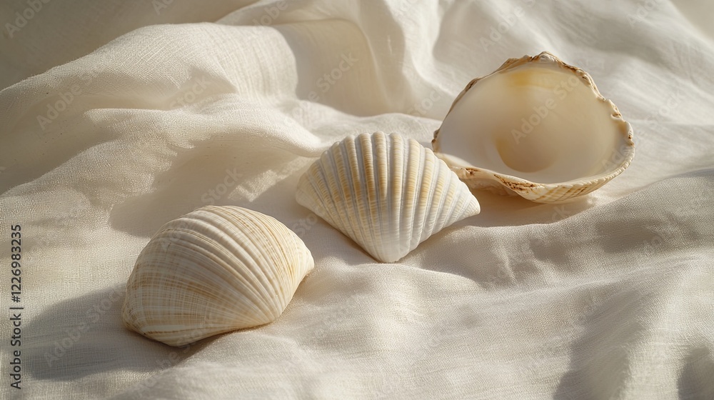 A small cluster of seashells arranged on a soft white fabric. picture
