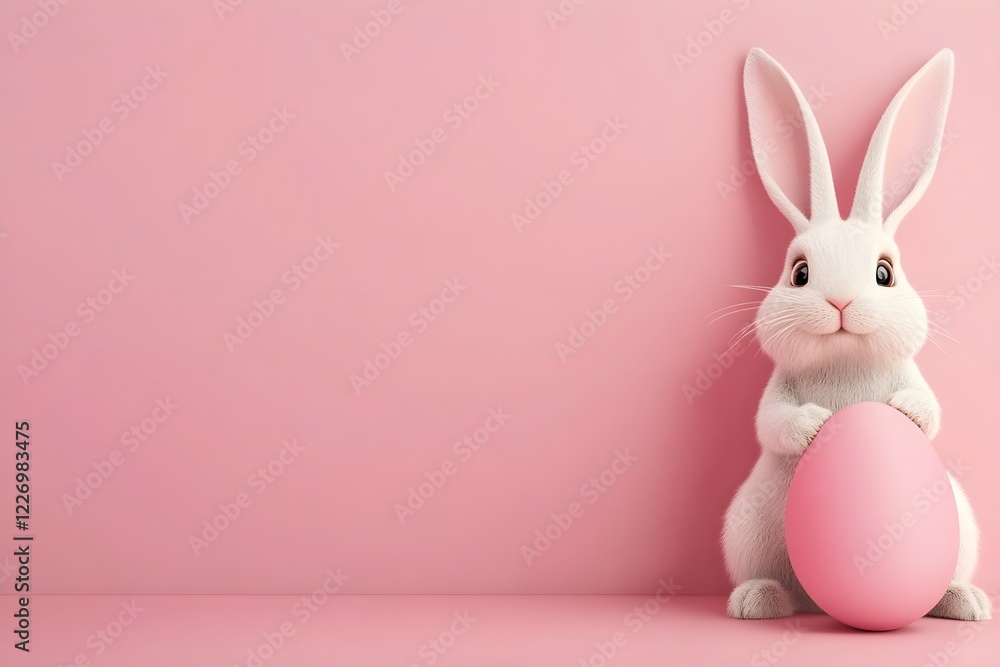 Fototapeta premium A white rabbit is standing in front of a pink wall holding an egg