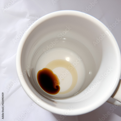 4. A mug with an empty interior and a slight ring of coffee residue left on the bottom, against a white tablecloth photo