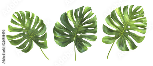 Three Lush Green Monstera Leaves PNG, Isolated on White or Trans photo