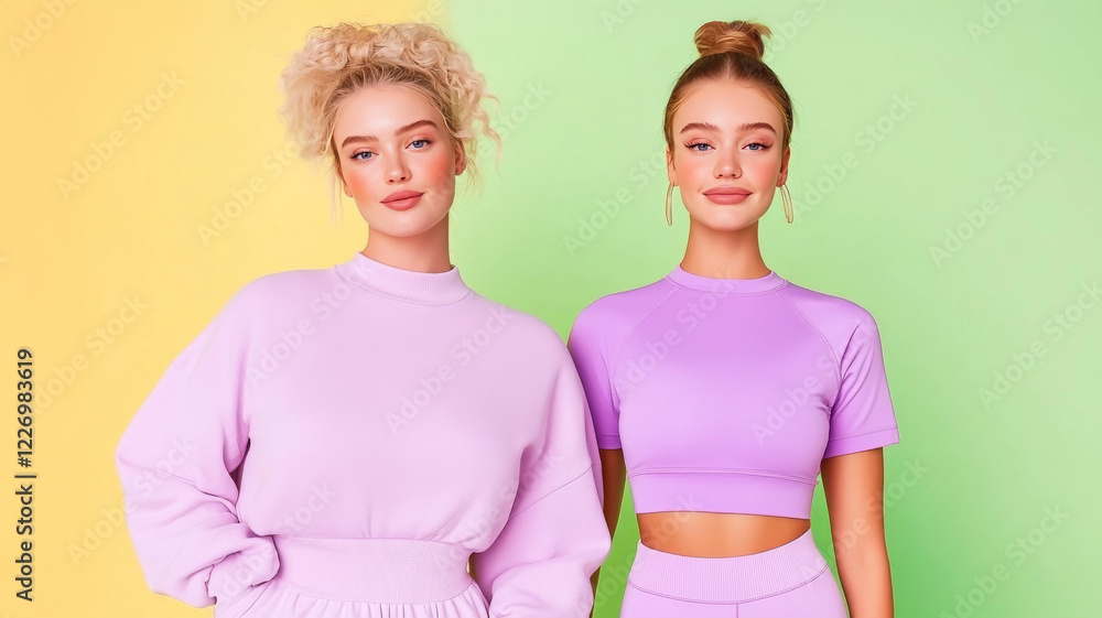 Fototapeta premium Lilac Fashionistas: Two stylish women in trendy pastel lilac outfits stand confidently against a vibrant yellow and green background, radiating a playful and effortlessly cool vibe.