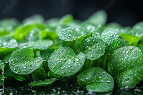Dew Drops on Lush Green Leaves of Watercress Plants