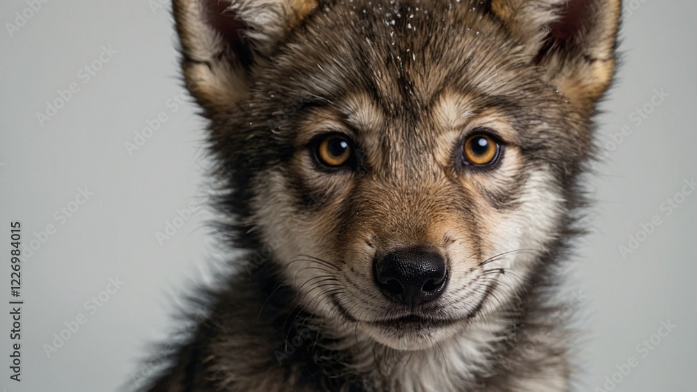 Fototapeta premium Close-up portrait of a wolf cub in winter with snow