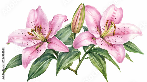 Pink lilies watercolor, floral design, white background, greeting card