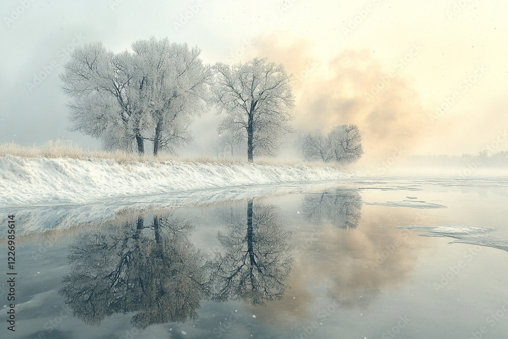 Winter Trees Reflecting in Calm Icy Water Winter Trees Reflecting in Calm Icy Water
