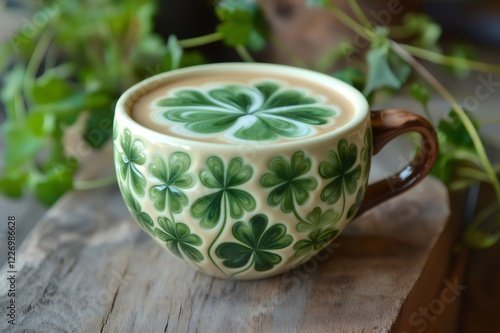 Coffee cup decorated with shamrocks containing latte art shaped like a four leaf clover, celebrating Saint Patrick's Day photo