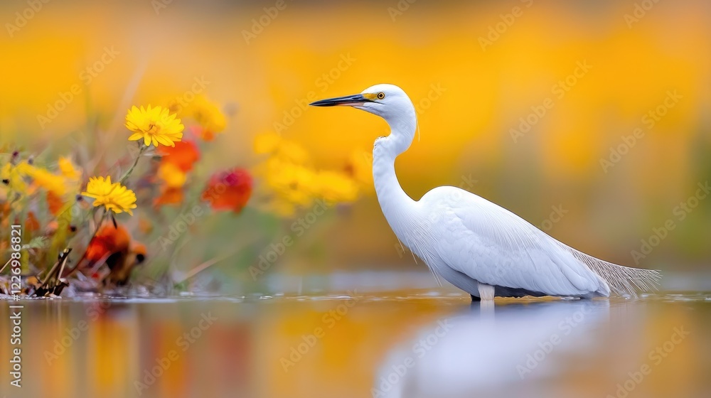 Obraz premium Egret wading in shallow water, yellow flowers, blurred background; nature photography