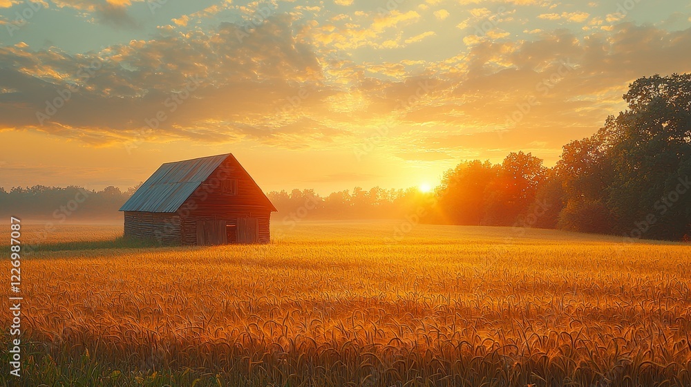 Rustic Cabin in Golden Sunrise Field Rustic Cabin in Golden Sunrise Field