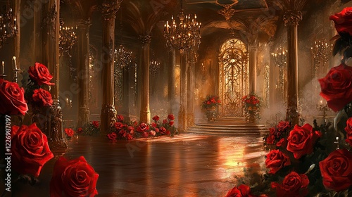 Ballroom, roses, palace, candles, dance, ornate, gold, magical, fantasy, artwork, interior