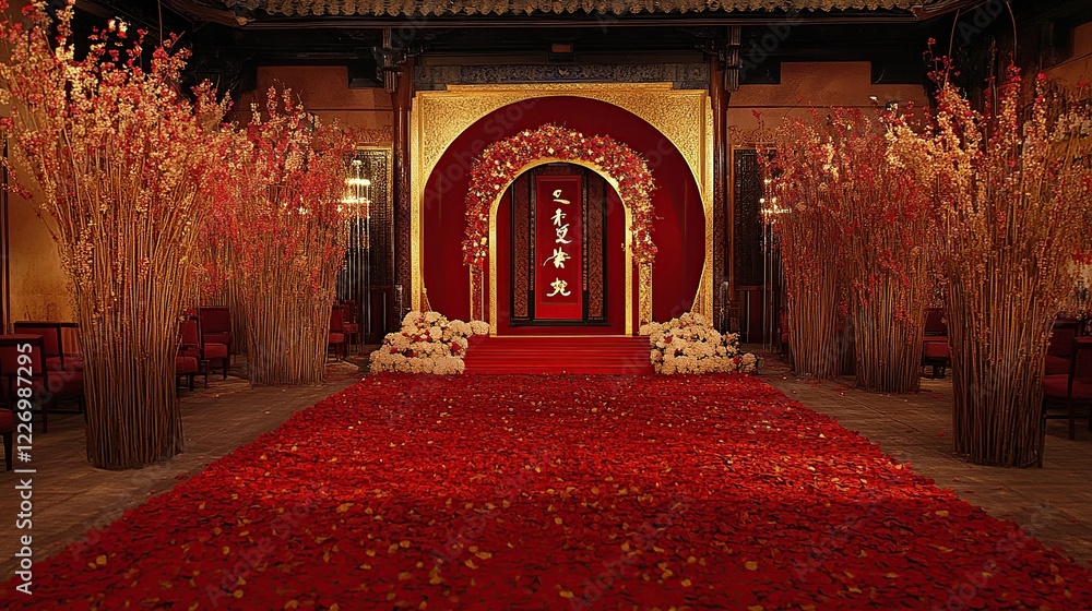 Obraz premium Red carpet wedding ceremony, ancient Chinese palace, floral arch
