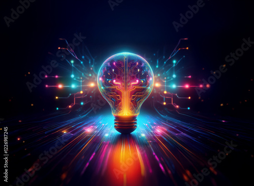 A glowing lightbulb, filled with vibrant circuitry, radiates energy and innovation.  Surrounding streaks of light enhance its futuristic feel.