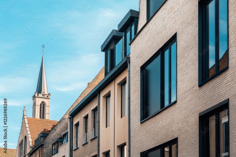 Beautiful architecture in a serene neighborhood featuring modern buildings alongside a historic church under a clear blue sky in a charming urban area Beautiful architecture in a serene neighborhood featuring modern buildings alongside a historic church under a clear blue sky in a charming urban area